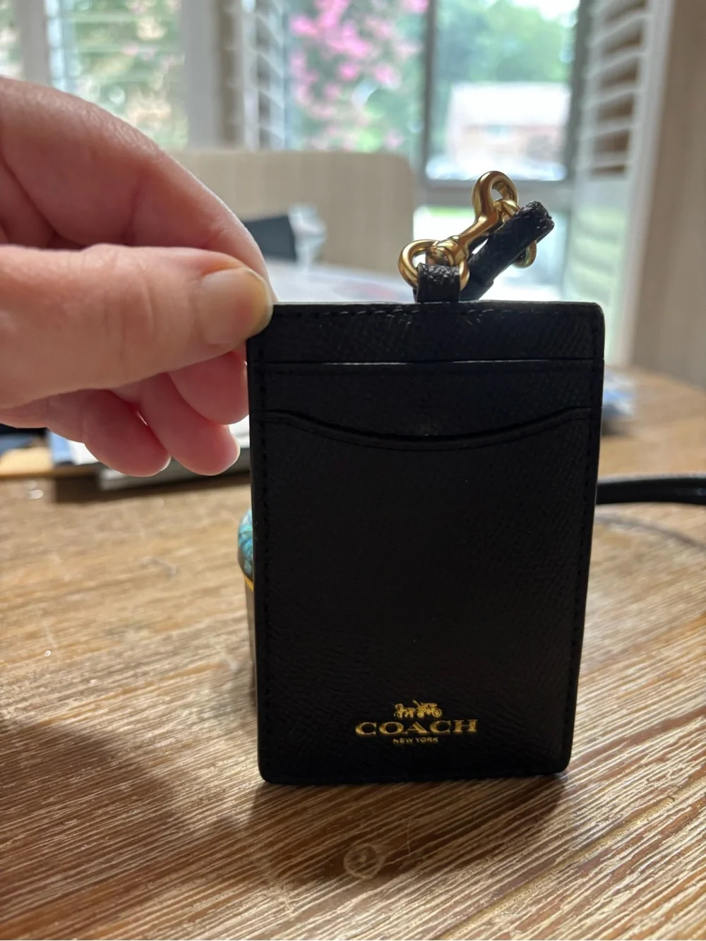 COACH Dark Brown Leather ID Lanyard with Gold Logo and Key Ring